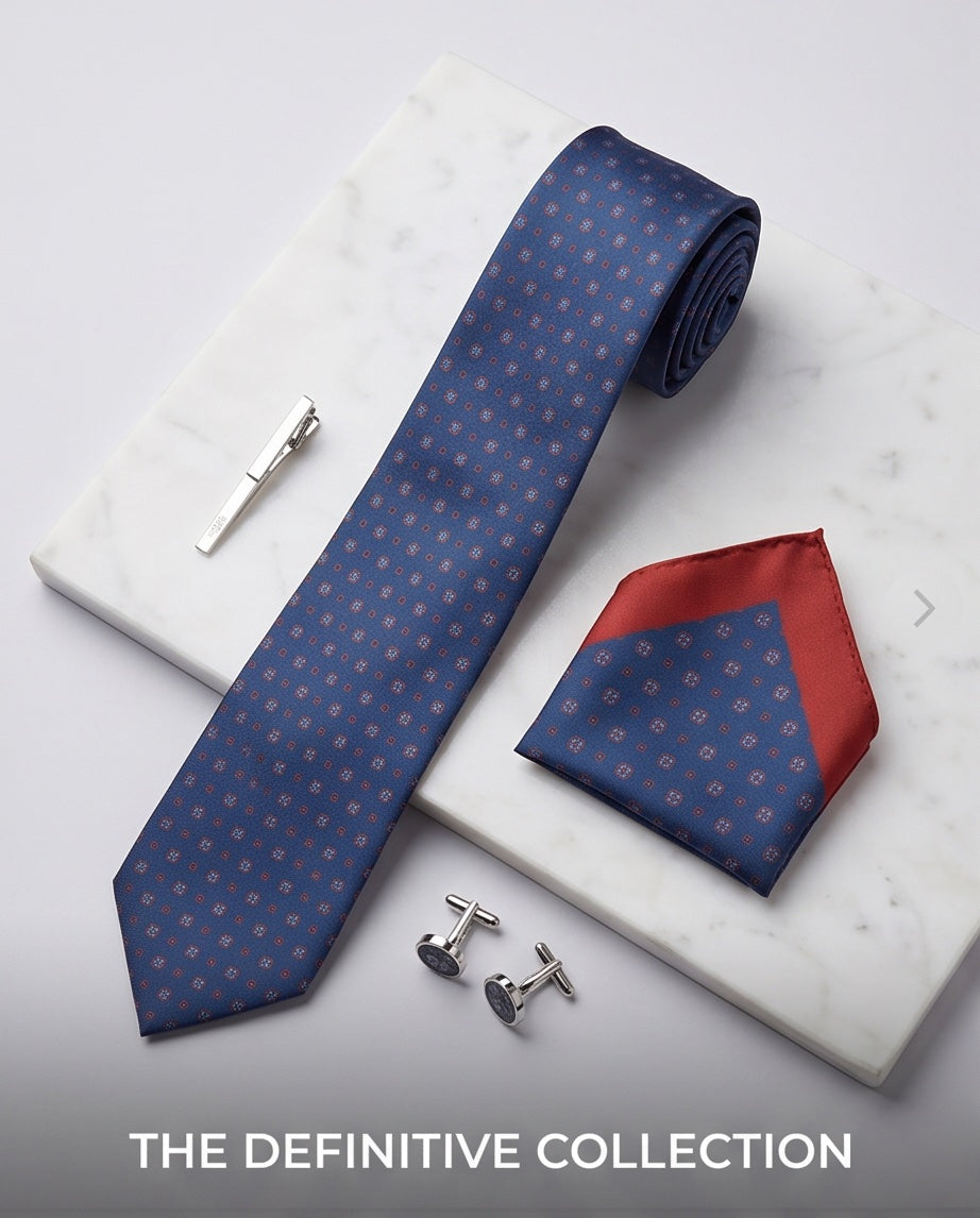 Signature Blue Micro Pattern Pure Silk Tie & Pocket Square Set