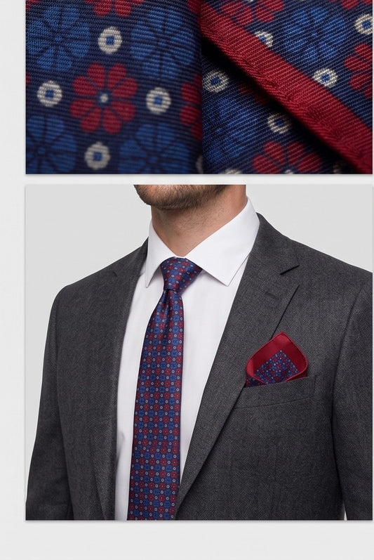 Signature Navy Floral Pure Silk Tie & Pocket Square Set
