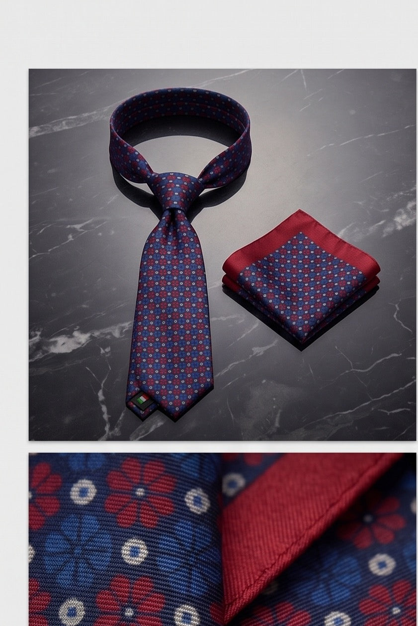Signature Navy Floral Pure Silk Tie & Pocket Square Set
