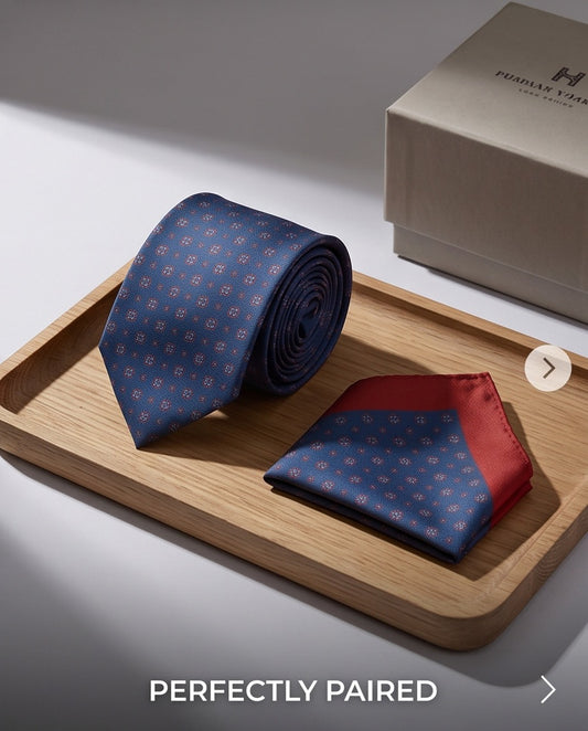 Signature Blue Micro Pattern Pure Silk Tie & Pocket Square Set