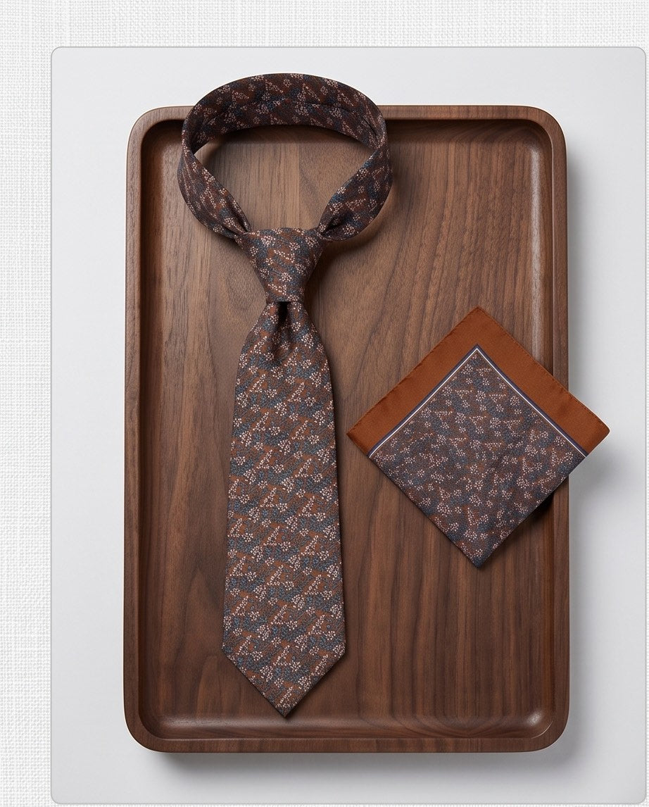 Signature Brown Abstract Pure Silk Tie & Pocket Square Set