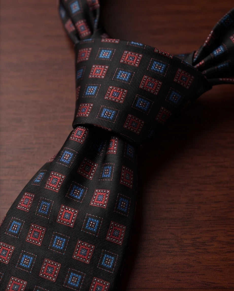 Signature Black Geometric Pure Silk Tie & Pocket Square Set