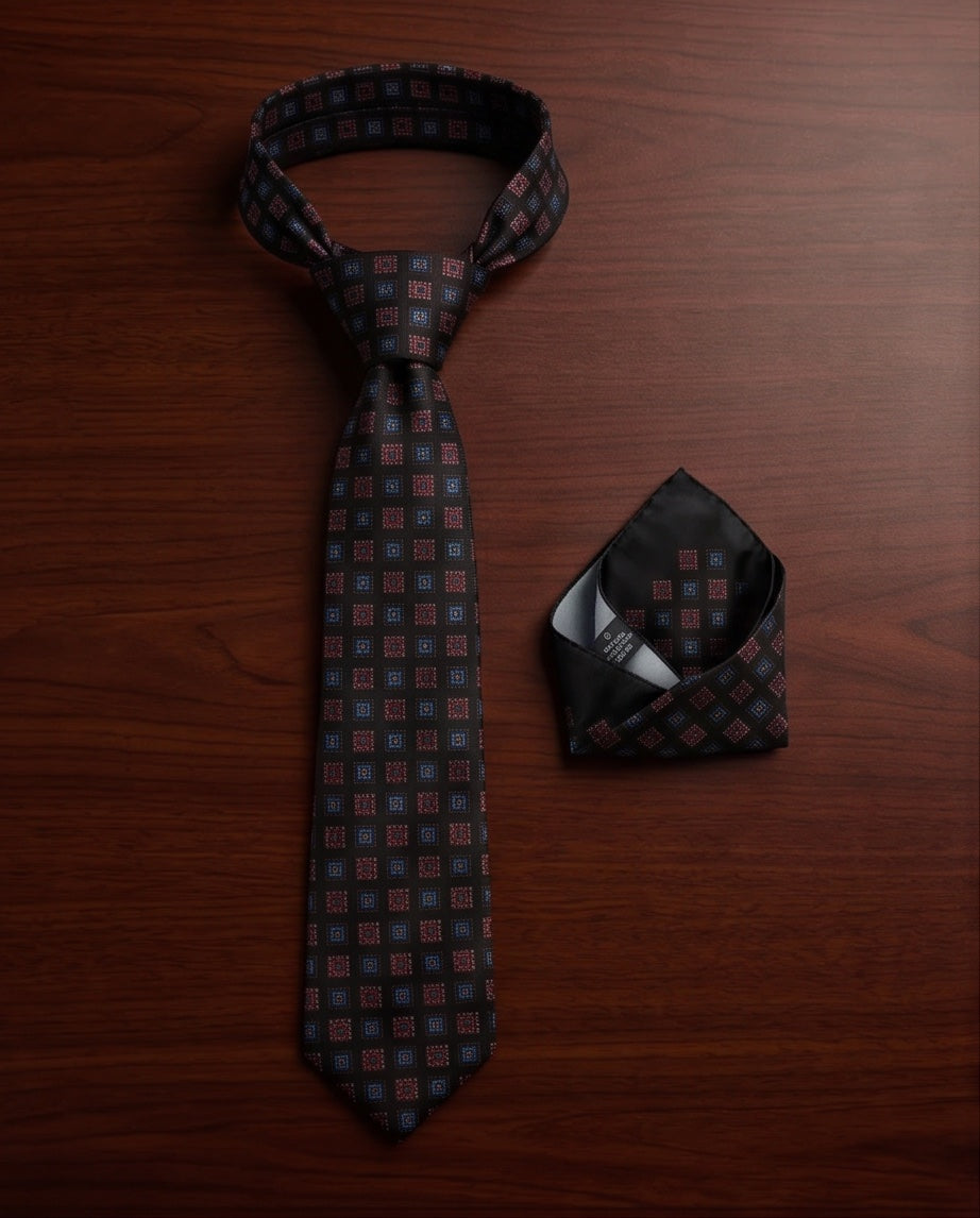 Signature Black Geometric Pure Silk Tie & Pocket Square Set